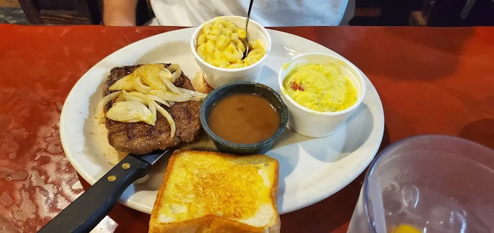 Hamburger Steak with Macaroni and Potato Salad